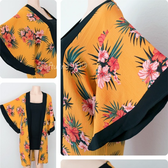 Mustard Yellow Tropical Floral Cover Up Kimono Top - Picture 3 of 8